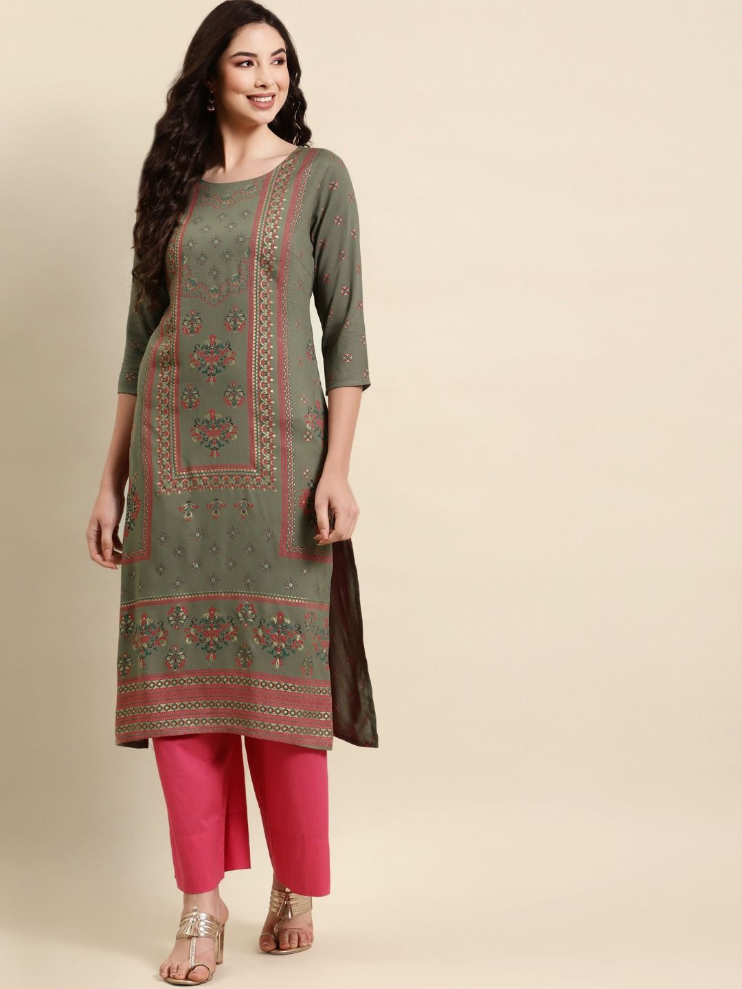 

Anouk Green Ethnic Motifs Printed Straight Kurta