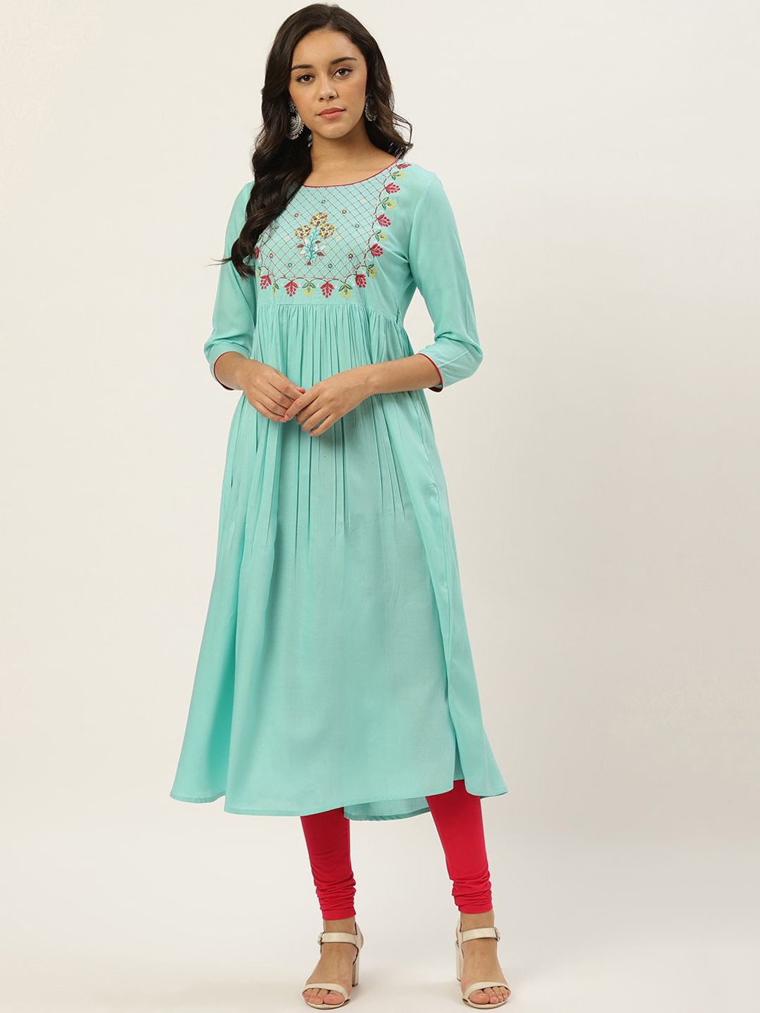 

Anouk Blue Floral Embroidered Pure Cotton Anarkali Kurta