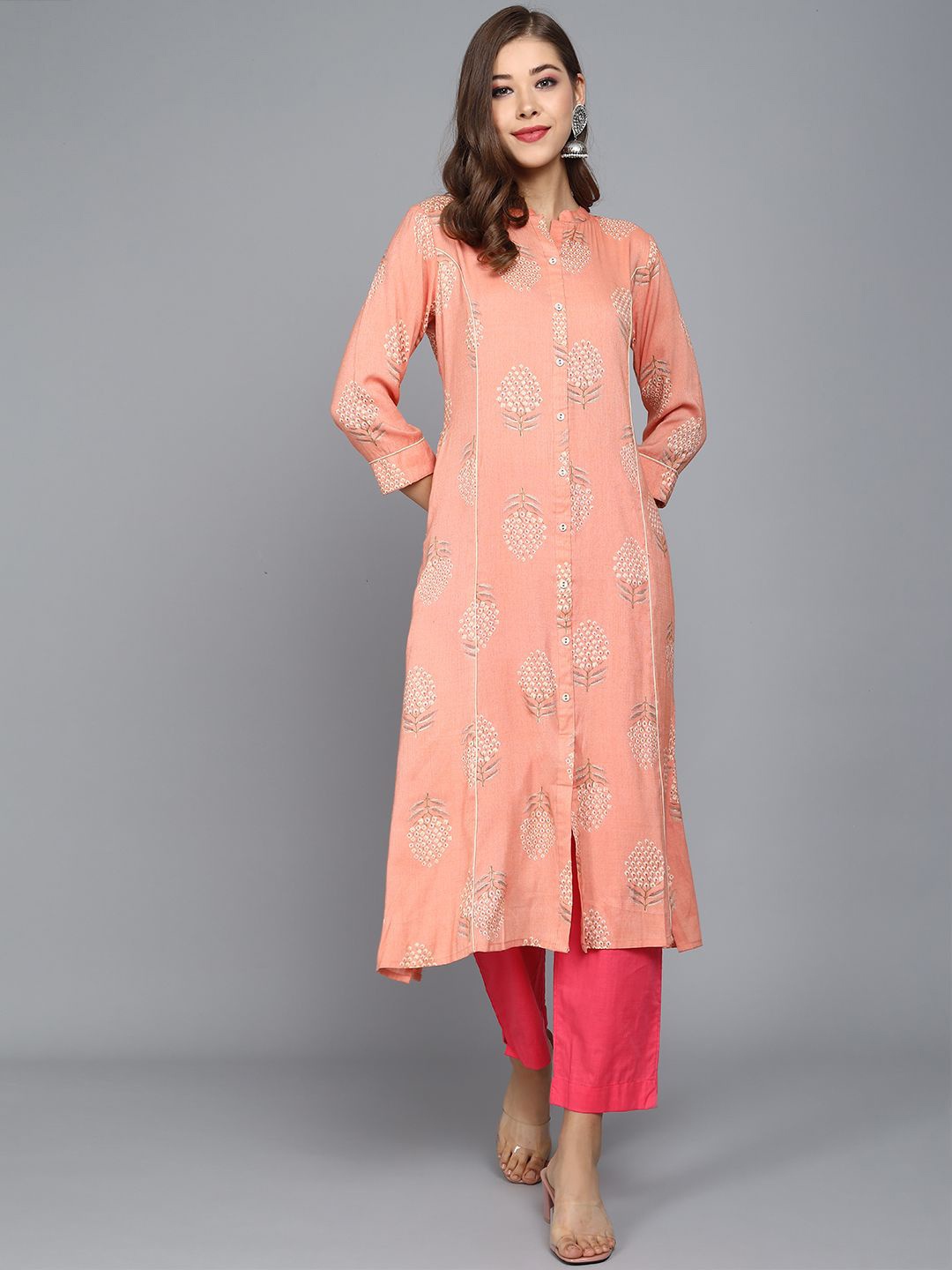 

Anouk Pink Floral Printed Mandarin Collar Straight Kurta