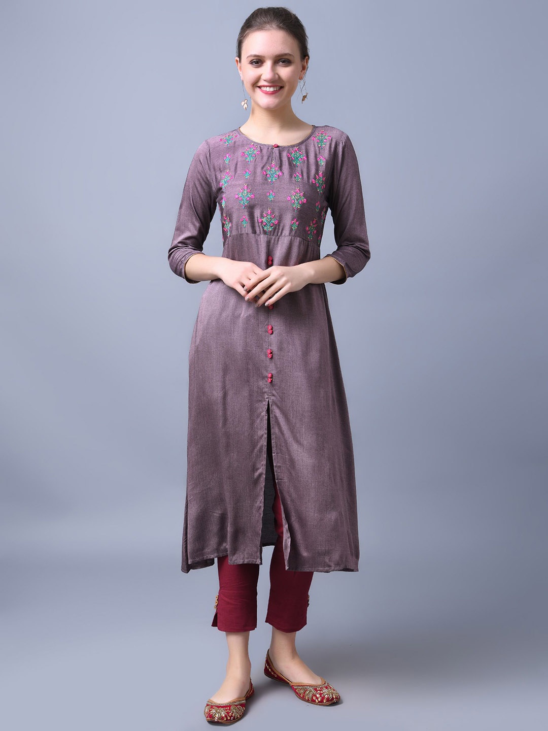 

Anouk Mauve Ethnic Motifs Yoke Design Keyhole Neck Thread Work A-Line Kurta
