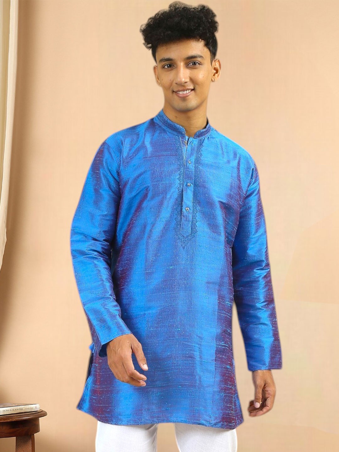 

TATTVA Thread Work Mandarin Collar Dupion Silk Straight Kurta, Blue