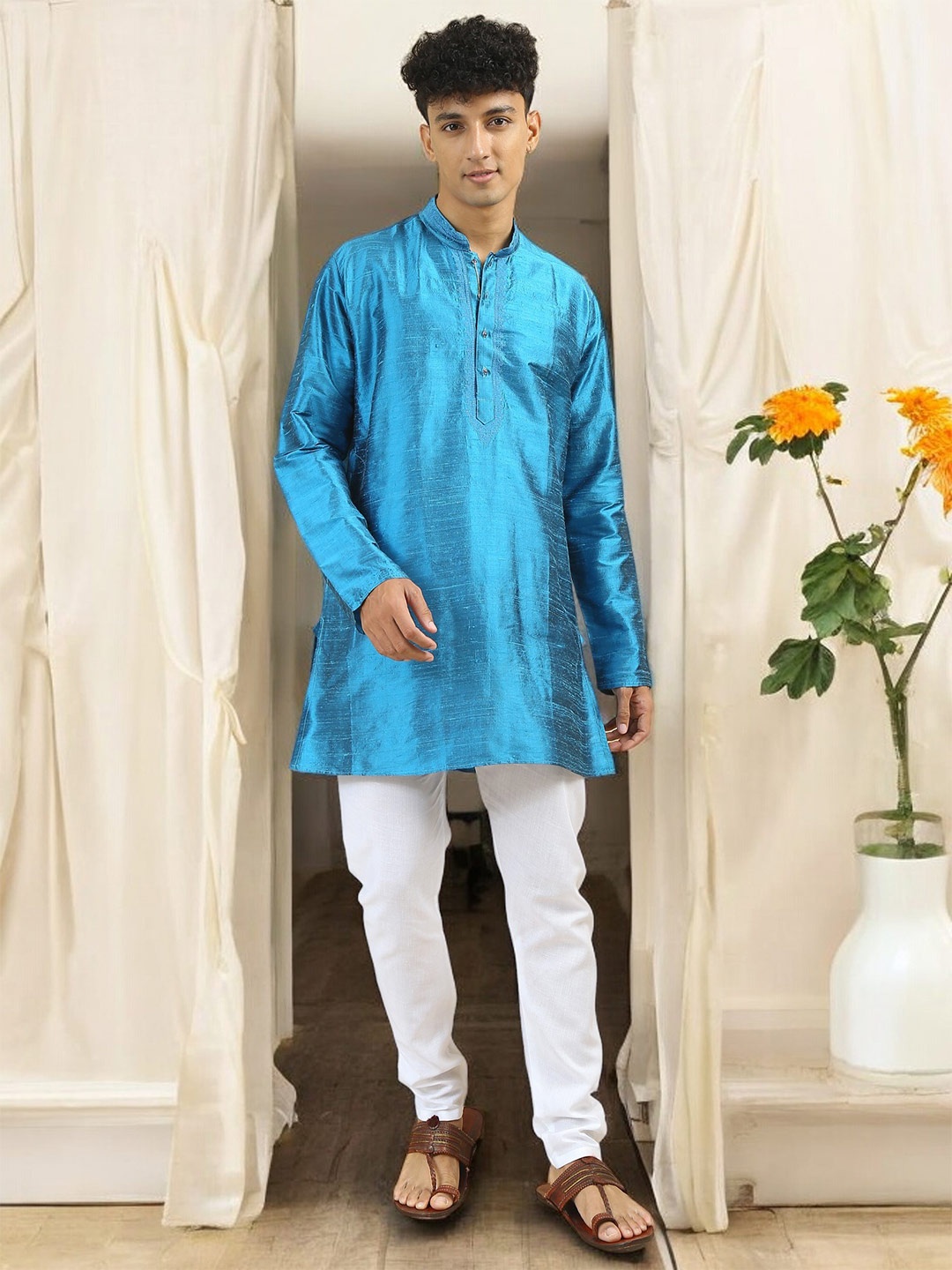 

TATTVA Thread Work Mandarin Collar Dupion Silk Straight Kurta, Blue