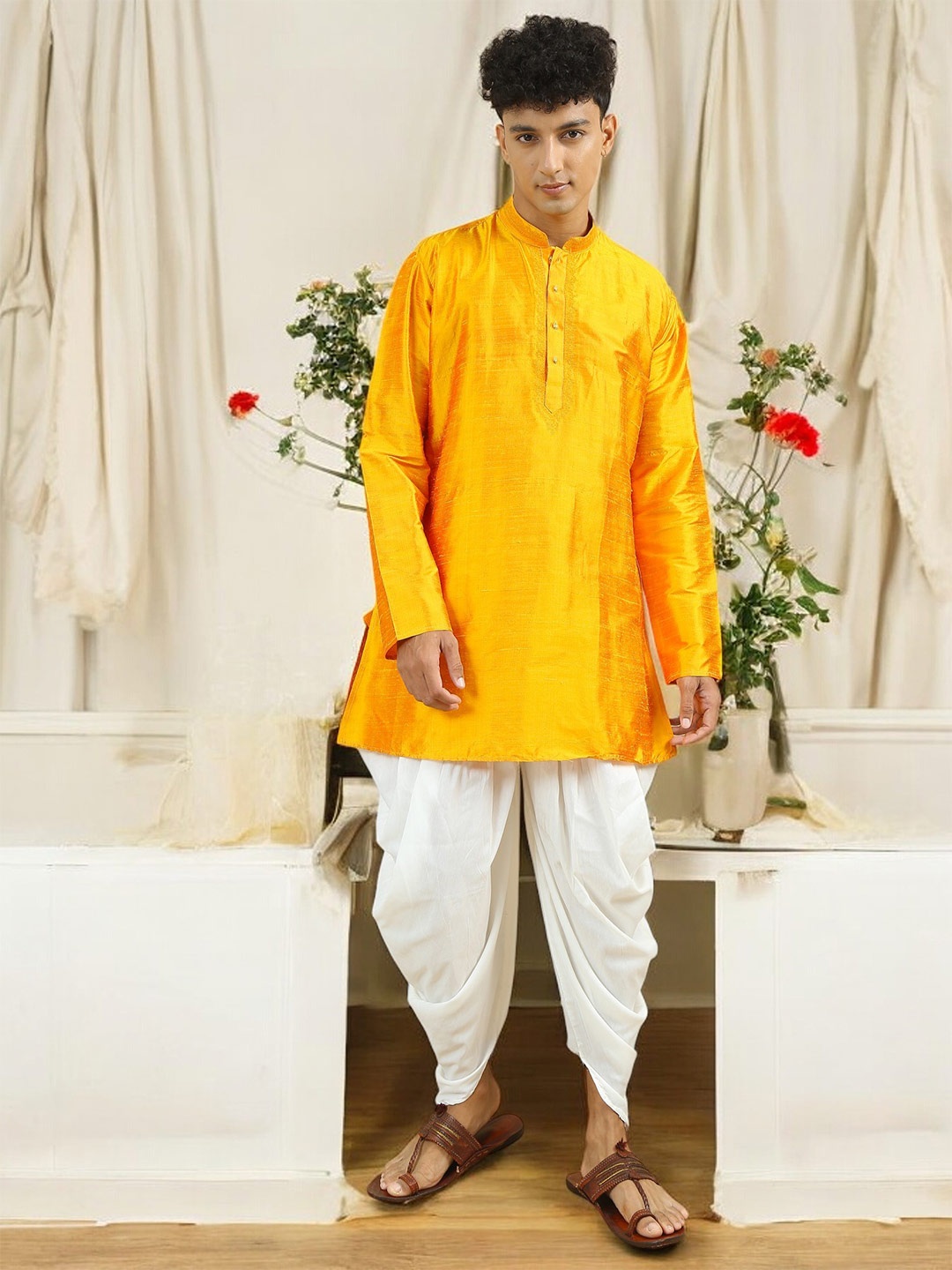 

TATTVA Thread Work Mandarin Collar Dupion Silk Straight Kurta, Yellow