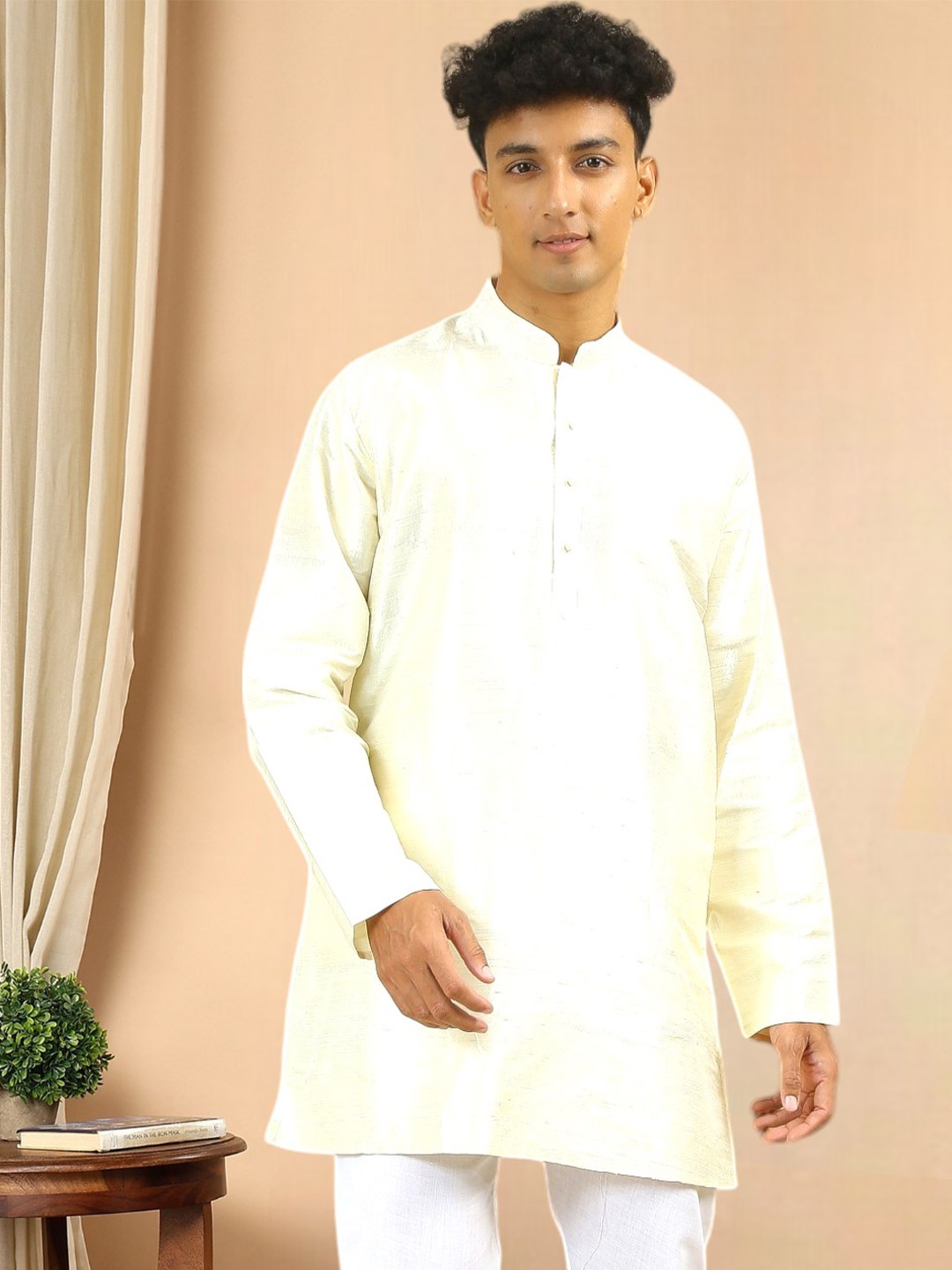 

TATTVA Thread Work Mandarin Collar Dupion Silk Straight Kurta, Cream