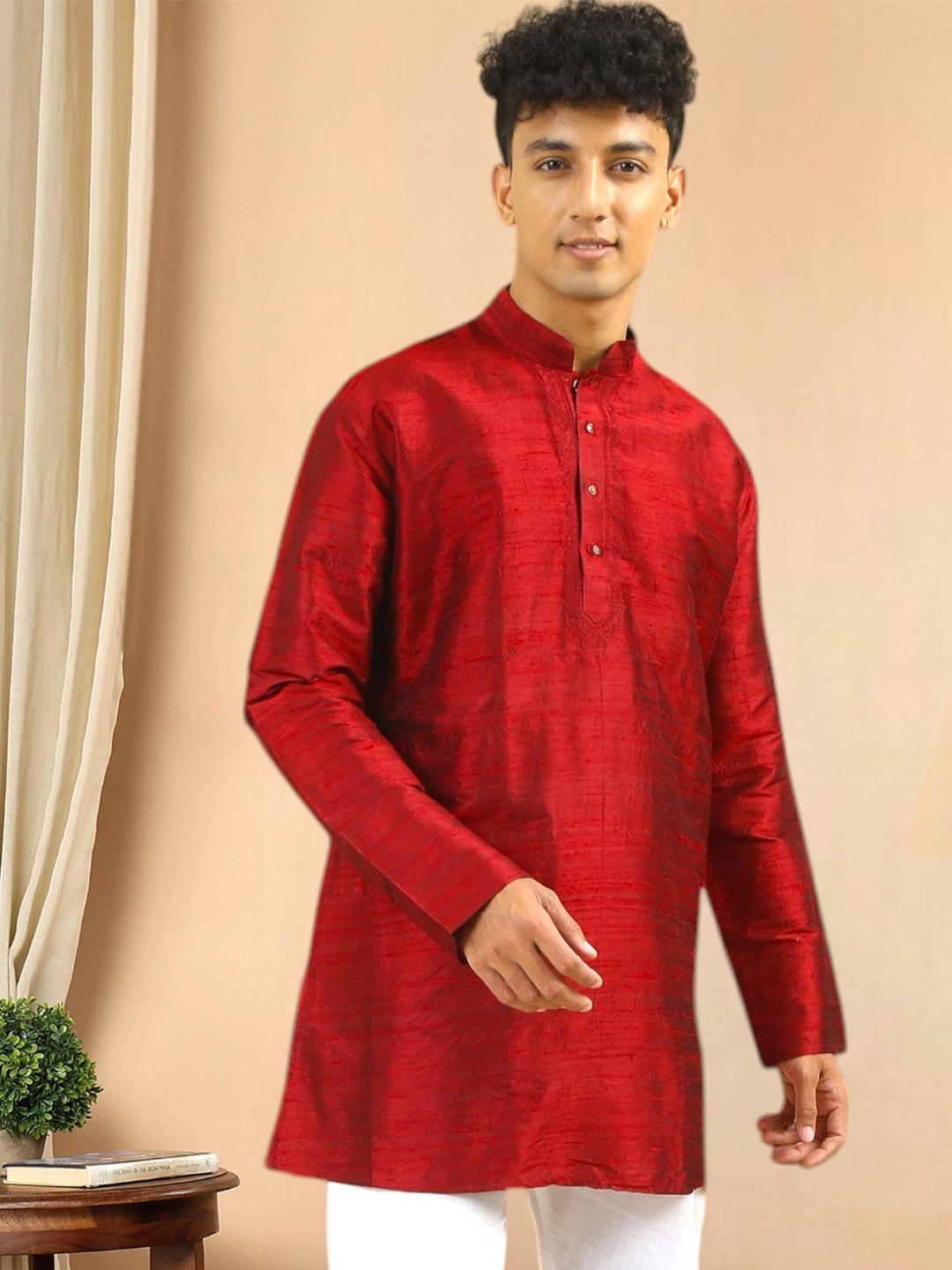 

TATTVA Thread Work Mandarin Collar Dupion Silk Straight Kurta, Maroon