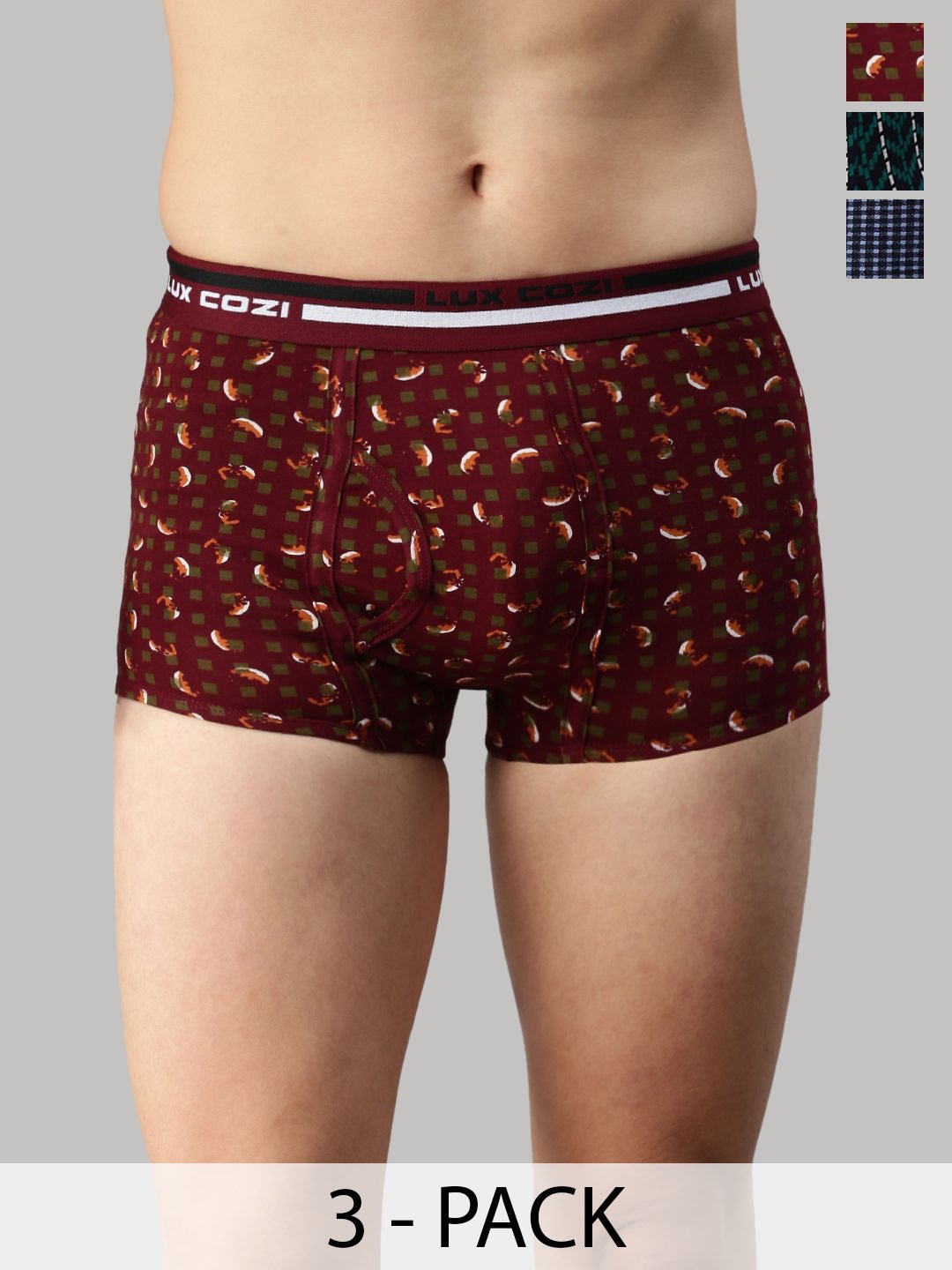 

Lux Cozi Pack Of 3 Men Assorted Trunks CZ_BGT_SL_PRT_OE_AST2_3PC, Maroon