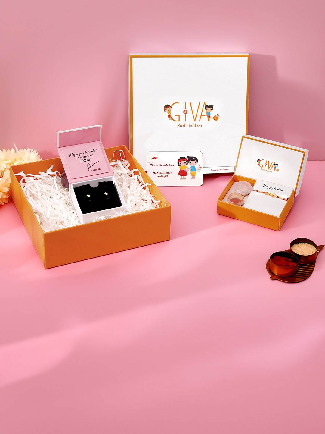 

GIVA Set of 2 Stone Studded 925 Silver Rakhi With Earrings & Roli Chawal
