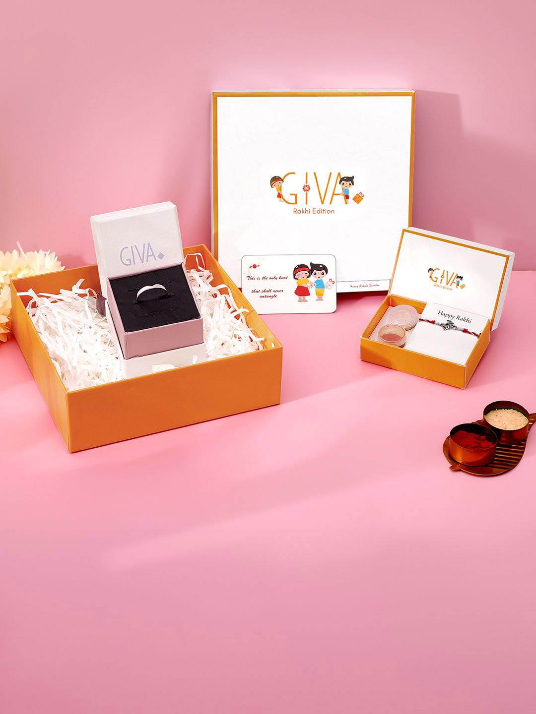 

GIVA Set Of 2 925 Silver Adjustable Band Ring With Rakhi Gift Set