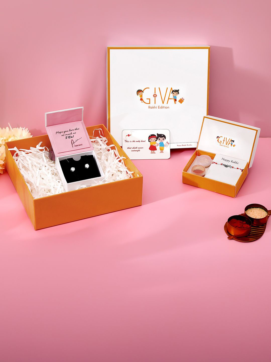 

GIVA Set Of 2 925 Silver Plated Rakhi With Stone Studded Earrings & Roli Chawal