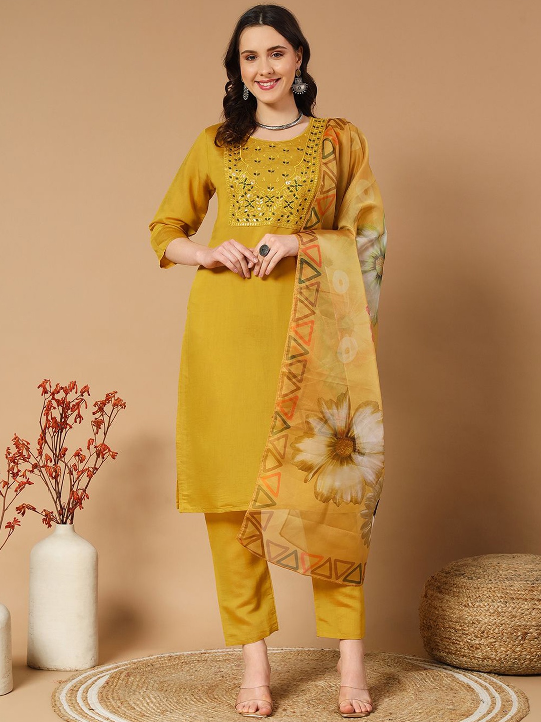 

BHUMIKA CREATION Ethnic Motifs Yoke Design Straight Kurta with Trousers & Dupatta, Mustard