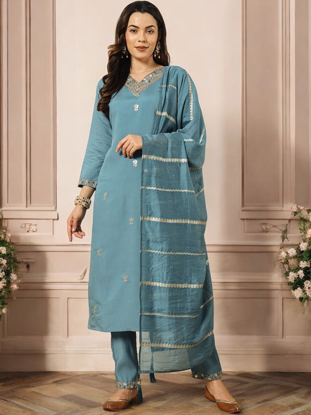 

BHUMIKA CREATION Floral Embroidered Raw Silk Straight Kurta with Trousers & Dupatta, Turquoise blue