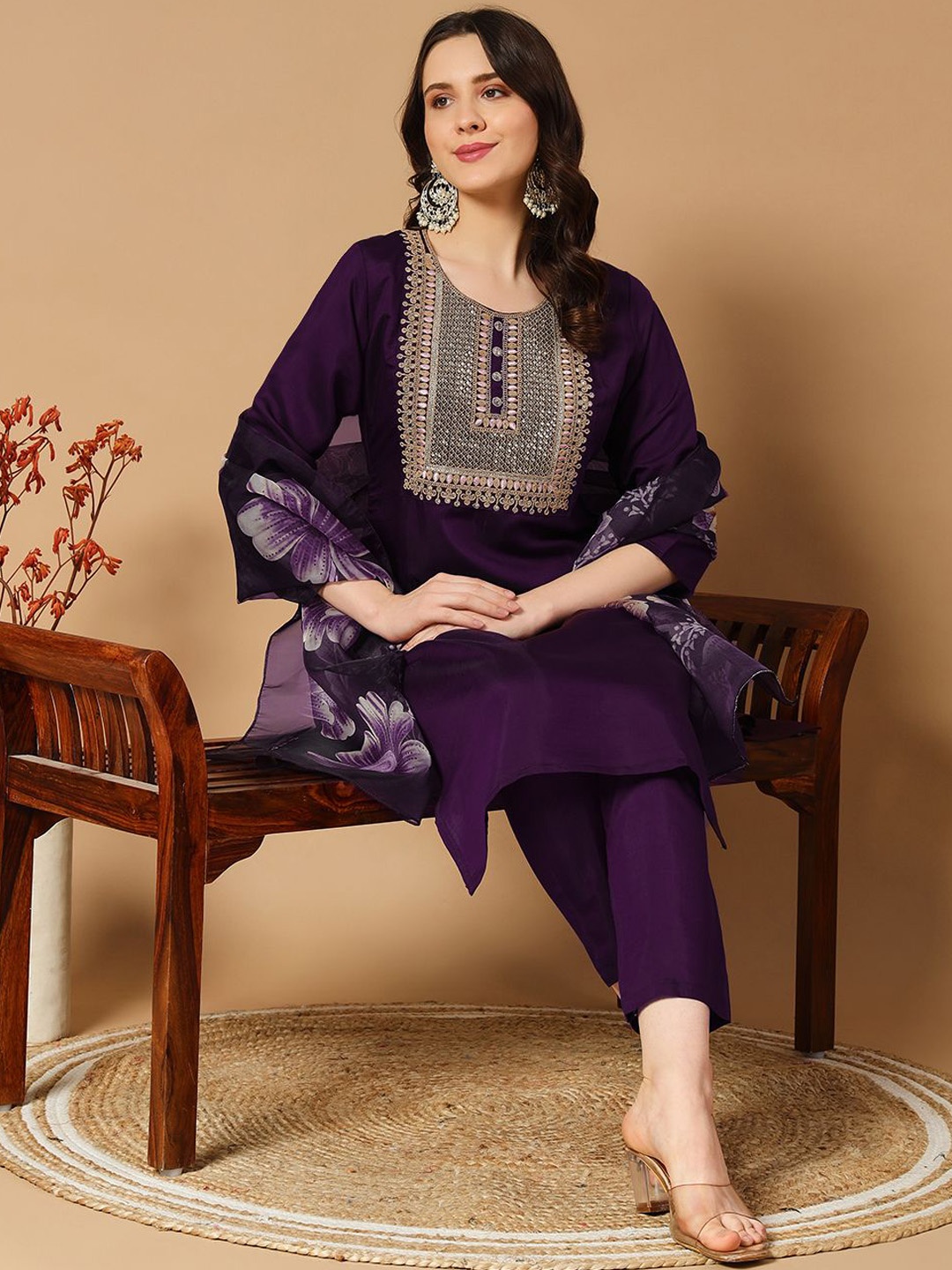 

BHUMIKA CREATION Ethnic Motifs Yoke Design Straight Kurta with Trousers & Dupatta, Magenta