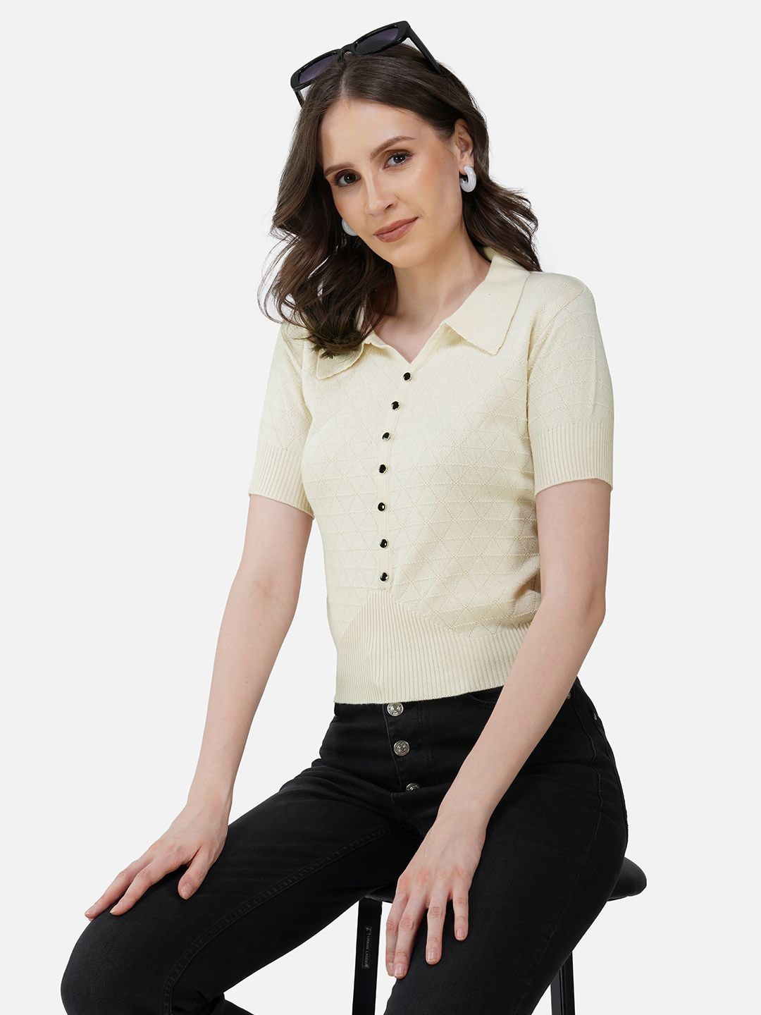 

Chemistry Women Shirt Collar Short Sleeves Cotton Top, Cream