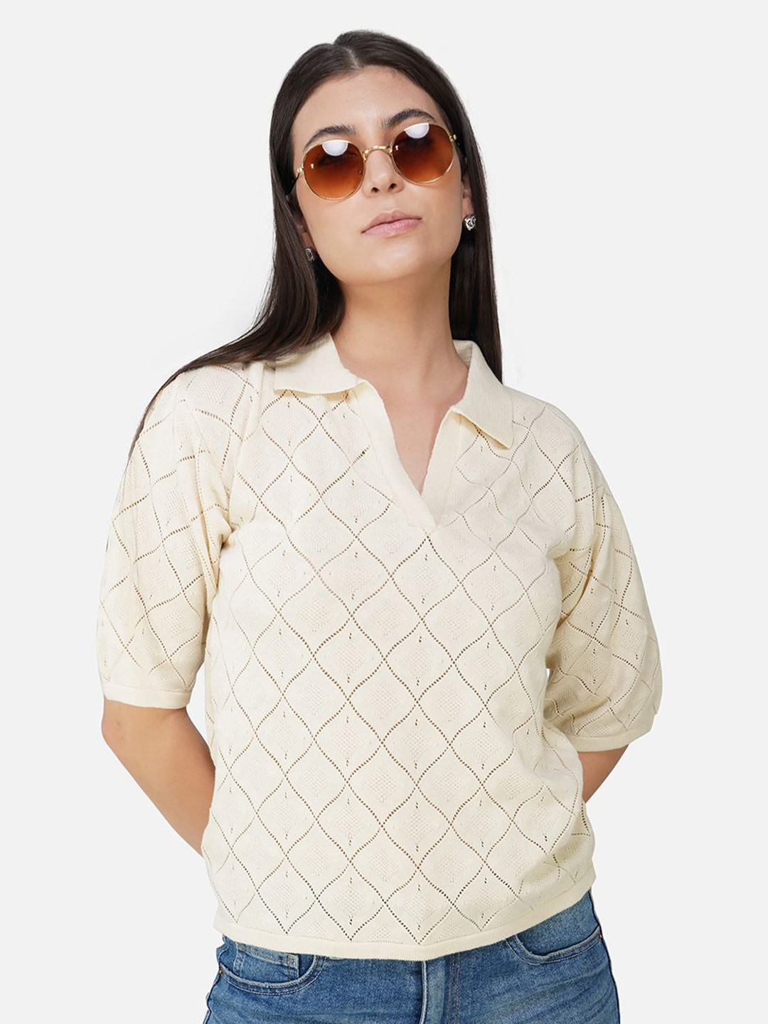 

Chemistry Women Geometric Print Cotton Shirt Style Top, Cream