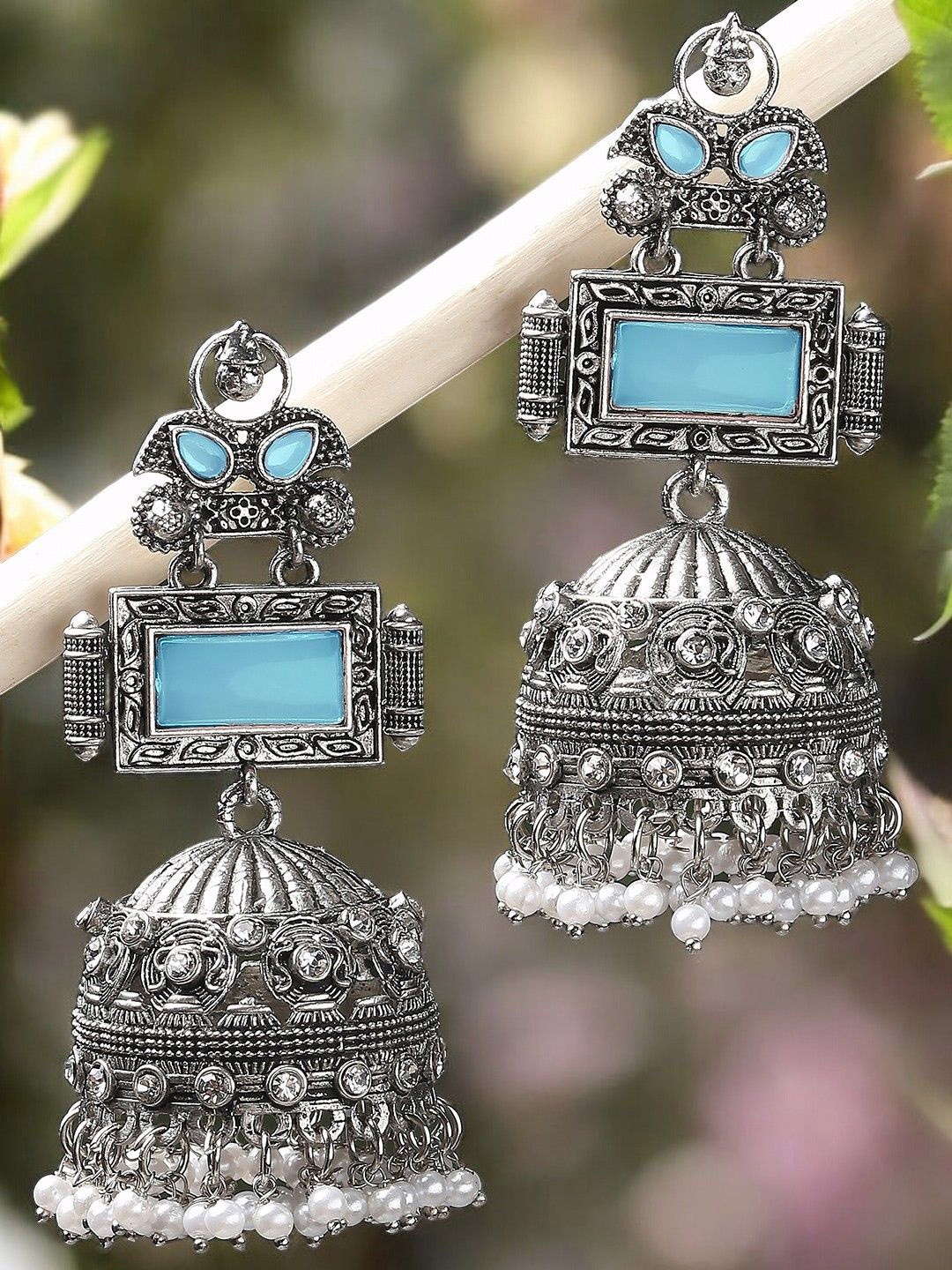 

OOMPH Stone Studded & Beaded Oxidised Floral Jhumkas, Blue