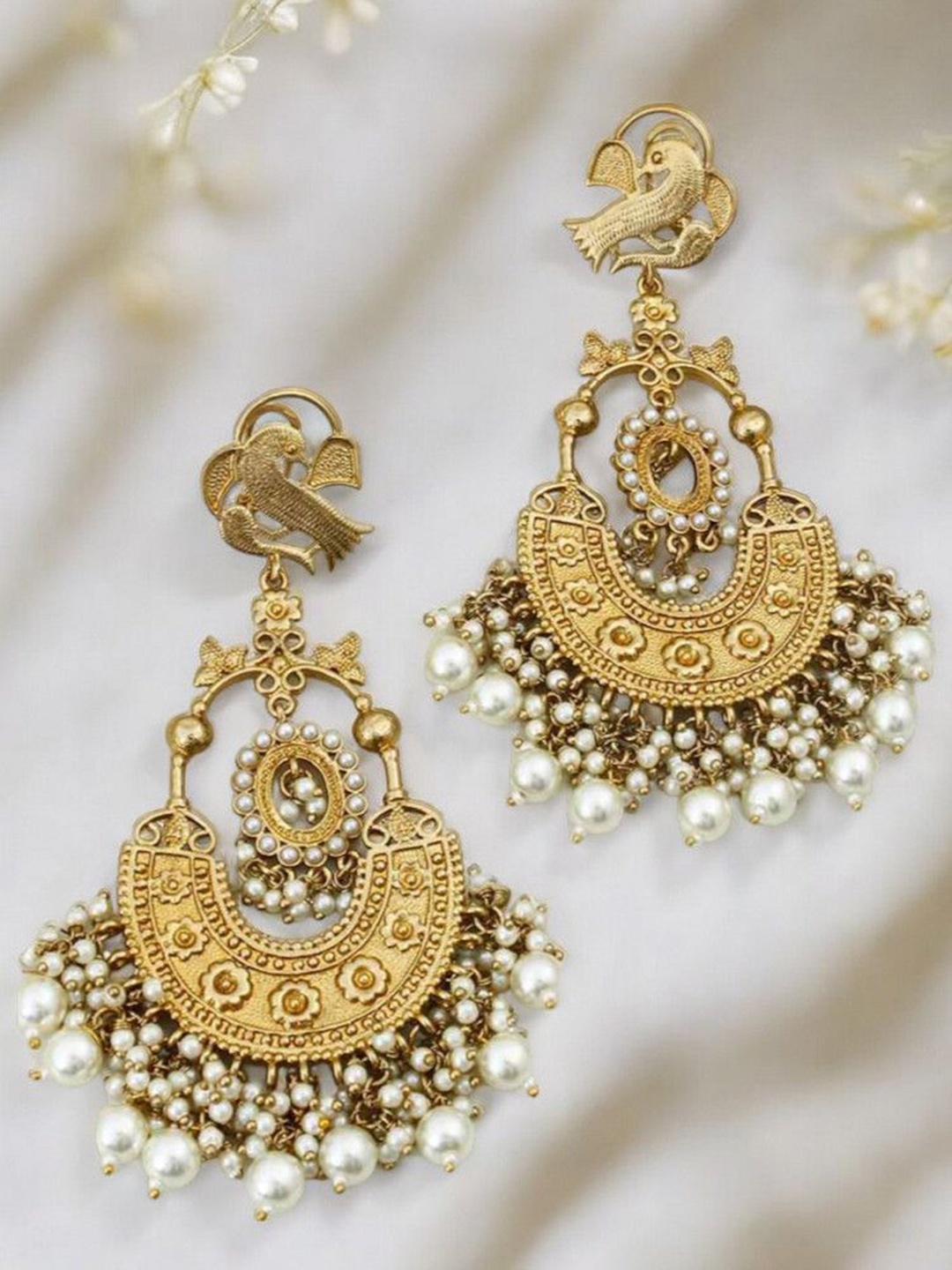 

OOMPH Stone Studded & Beaded Peacock Shaped Chandbalis, Gold