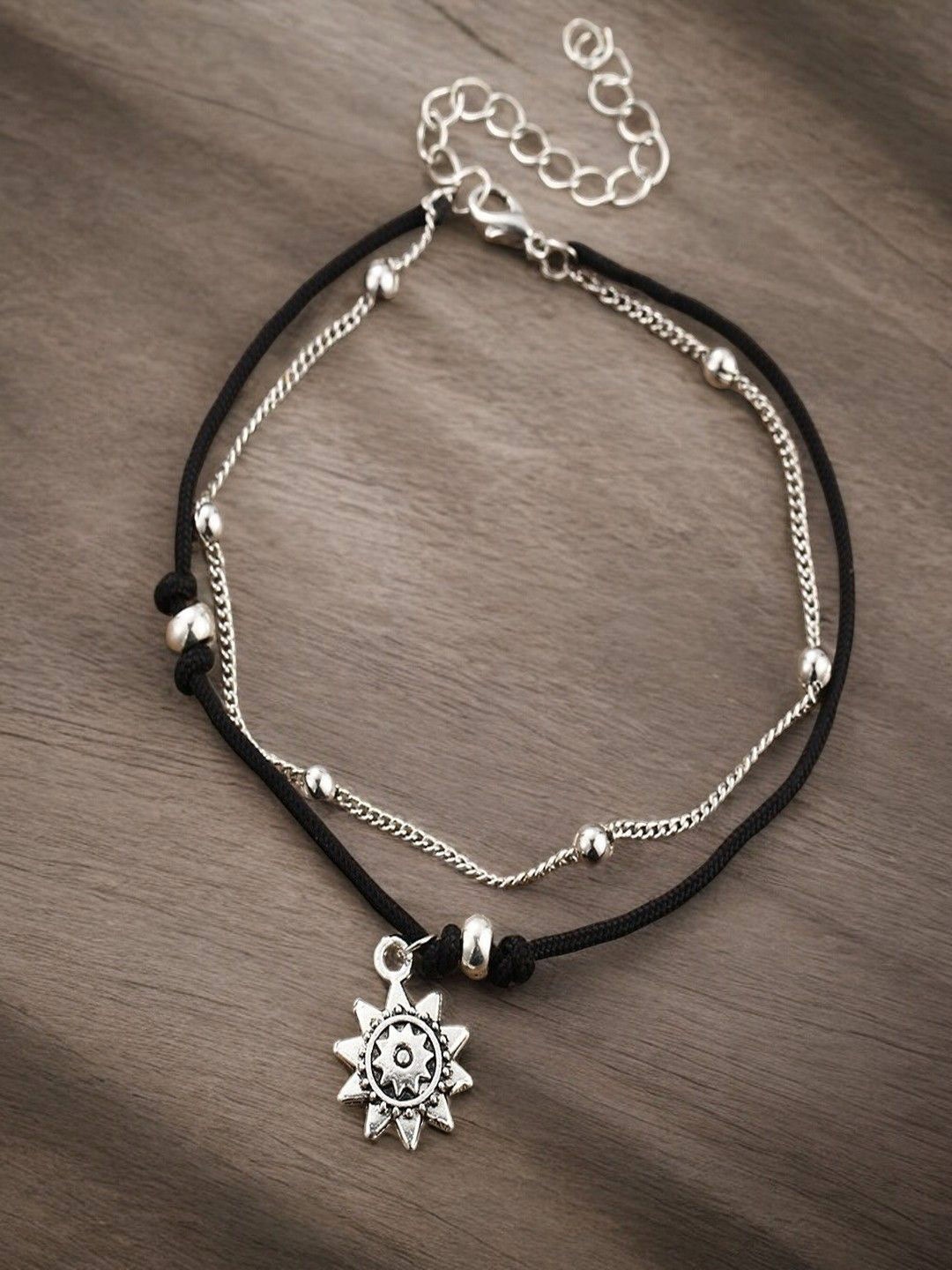 

OOMPH Silver-Plated Stone Studded and Beaded Oxidised Anklet