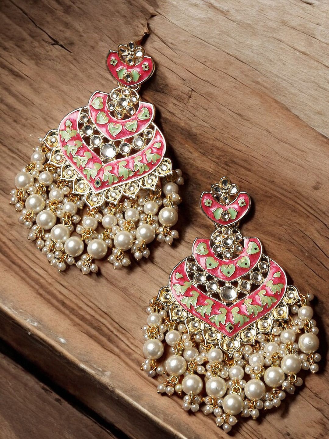 

OOMPH Kundan Contemporary Meenakari Drop Earrings, Gold