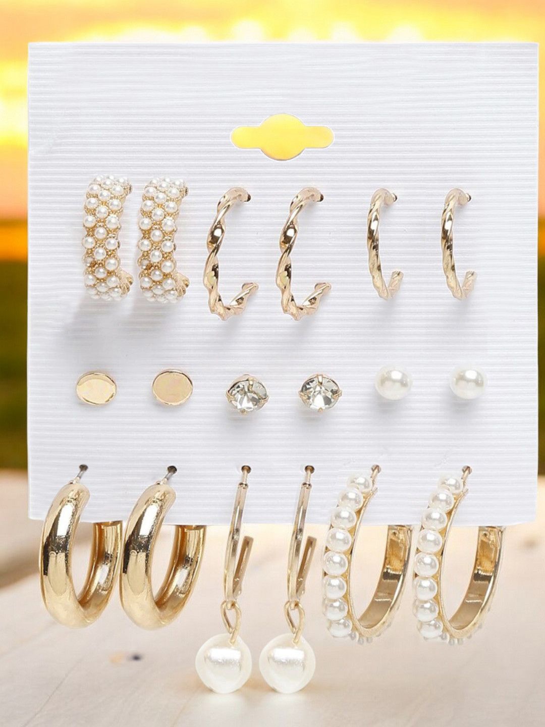 

OOMPH Set Of 9 Stone Studded & Beaded Contemporary Studs Earrings, Gold