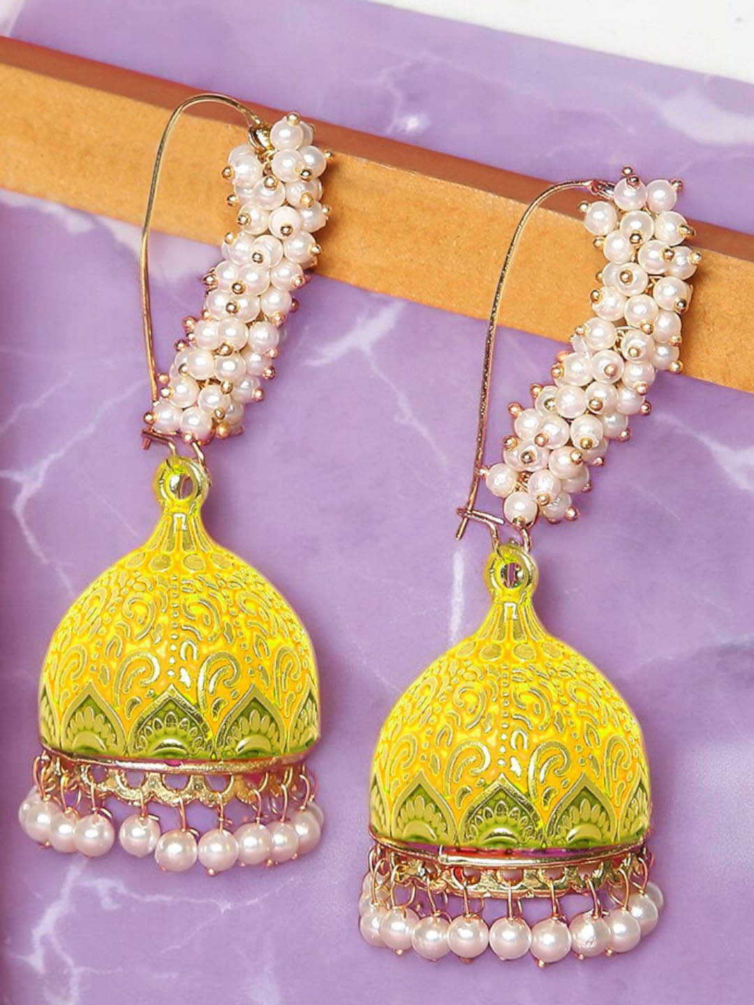 

OOMPH Beaded Meenakari Dome Shaped Jhumkas, Yellow