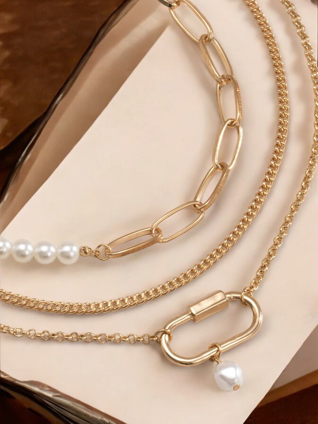 

OOMPH Set of 3 Layered Artificial Beads Necklace, Gold