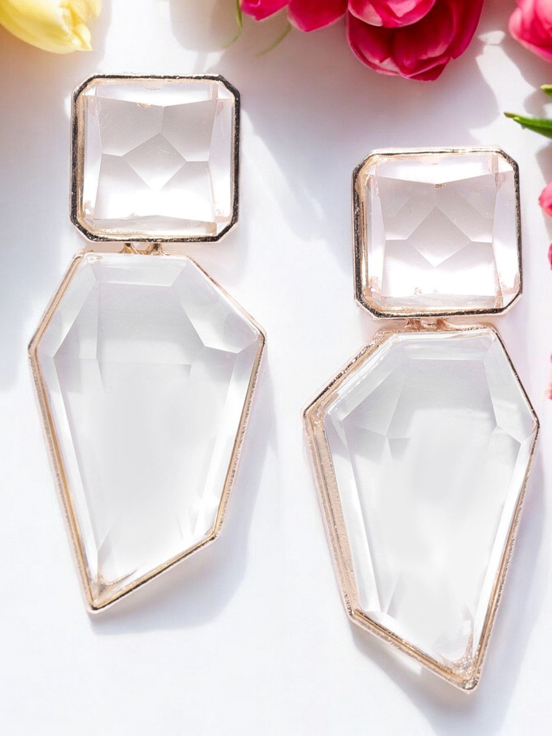 

OOMPH Crystal Studded Geometric Drop Earrings, Gold