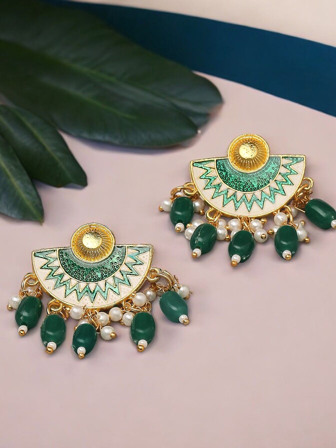 

OOMPH Stone Studded & Beaded Meenakari Contemporary Chandbalis, Green