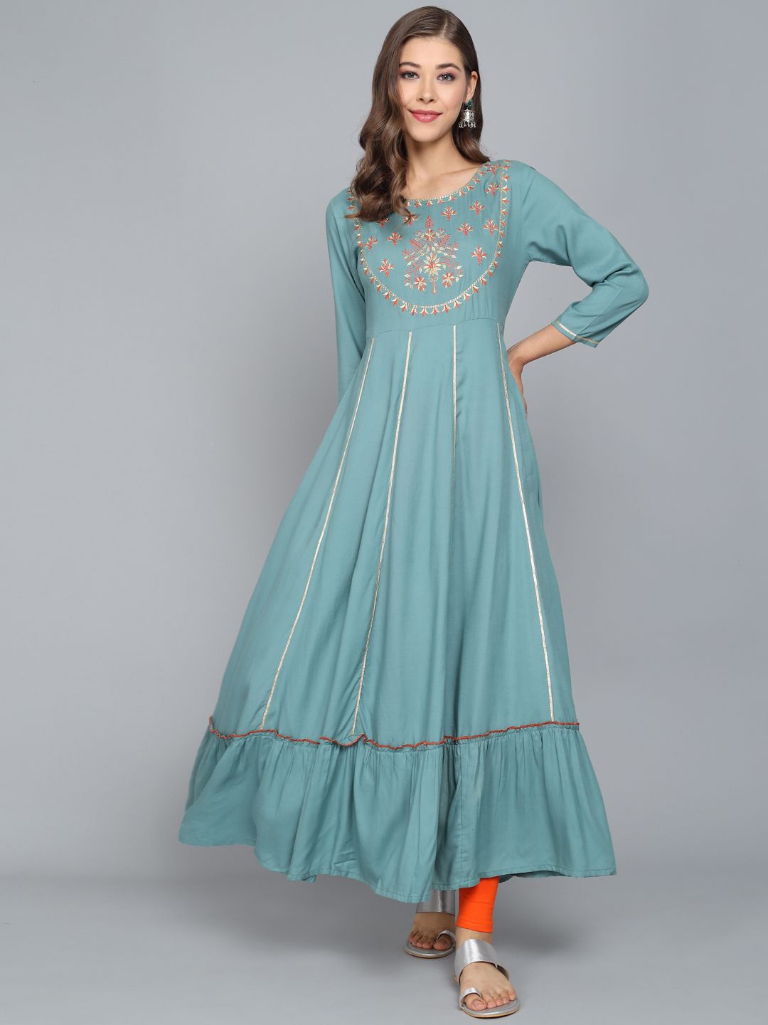 

Anouk Green Floral Embroidered Anarkali Kurta