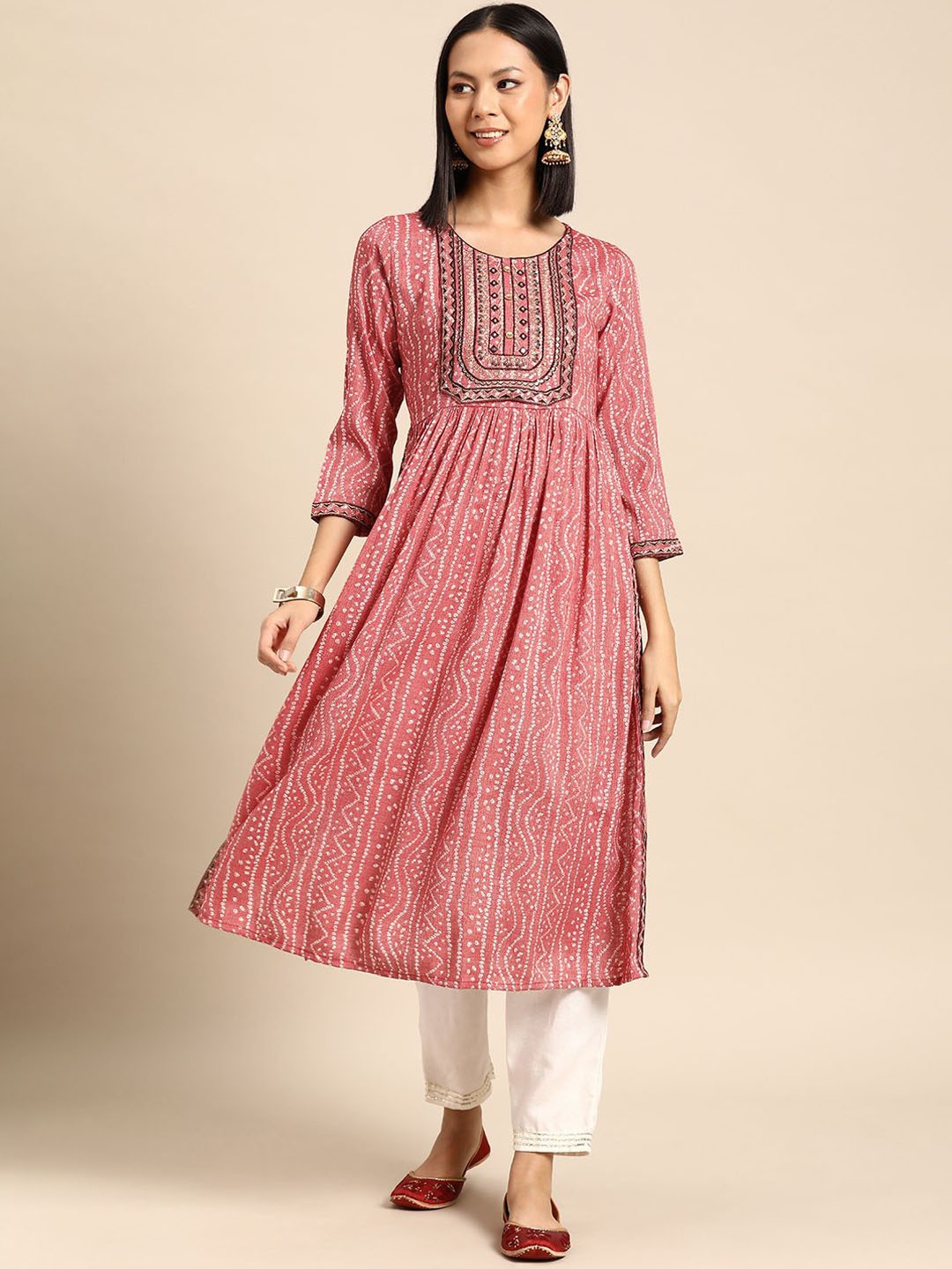 

Anouk Pink Bandhani Printed Round Neck Mirror Work Anarkali Kurta
