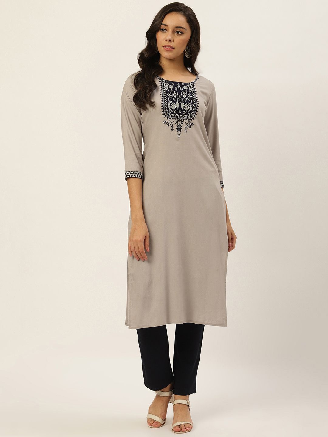 

Anouk Grey Floral Embroidered Pure Cotton Straight Kurta