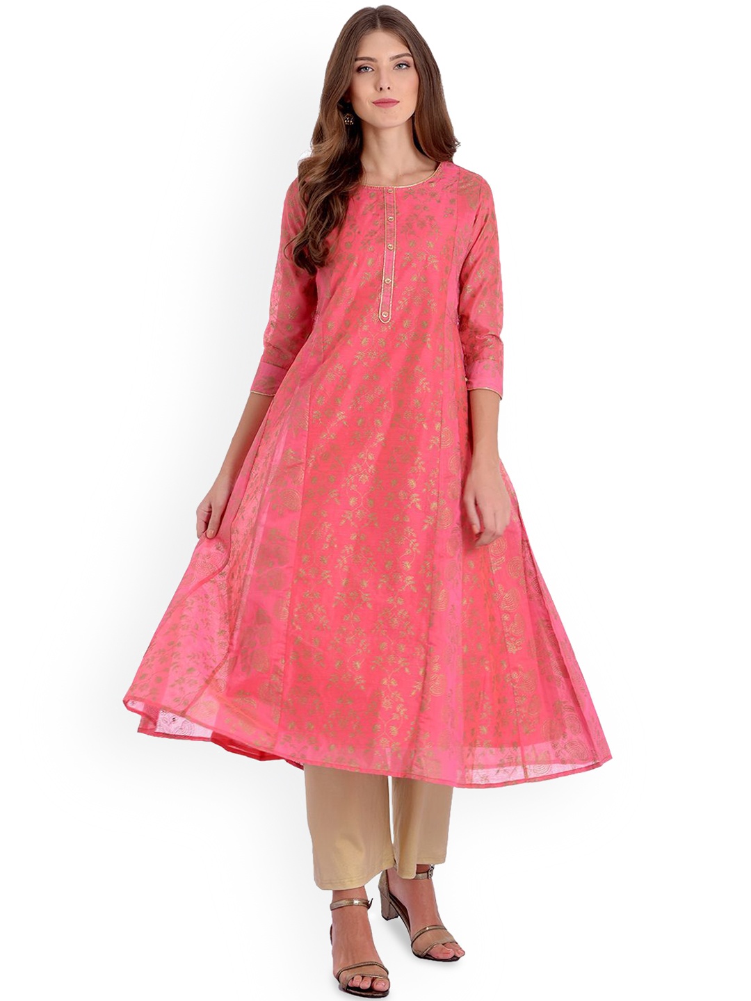 

Anouk Pink Floral Printed Chanderi Cotton A-Line Kurta