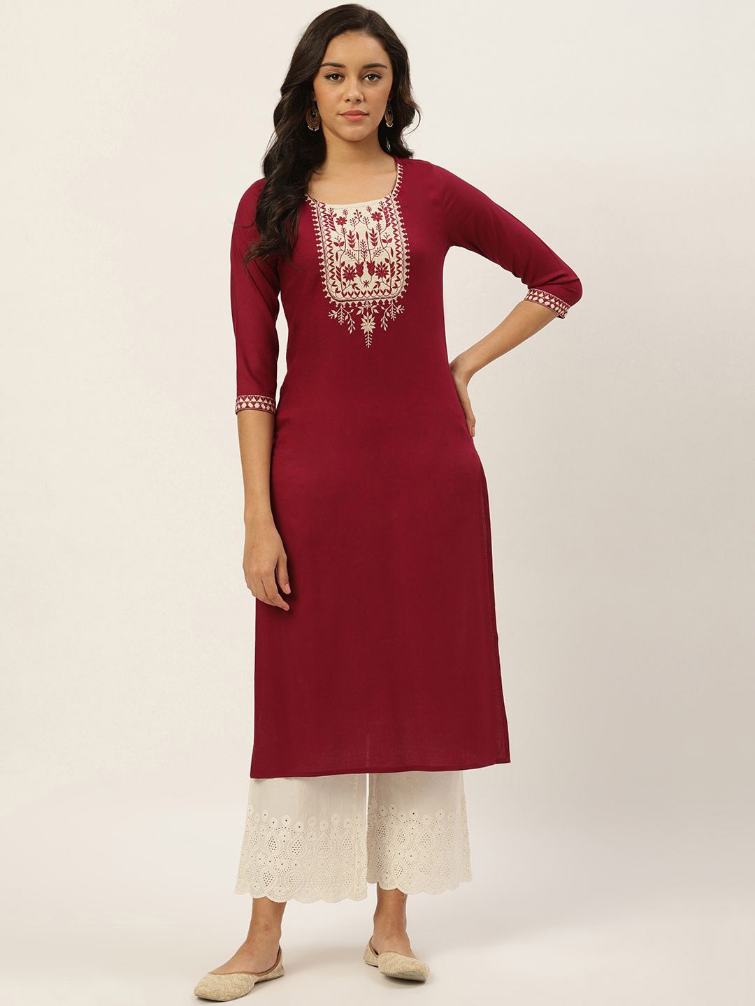 

Anouk Red Floral Yoke Design Thread Work Pure Cotton Straight Kurta, Maroon