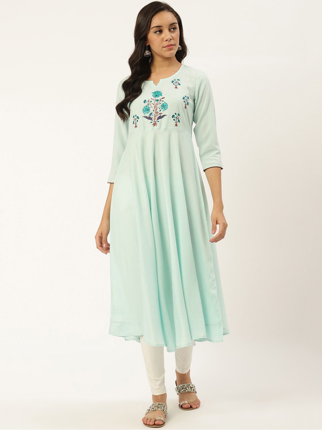 

Anouk Turquoise Blue Floral Yoke Design Pure Cotton A-Line Kurta