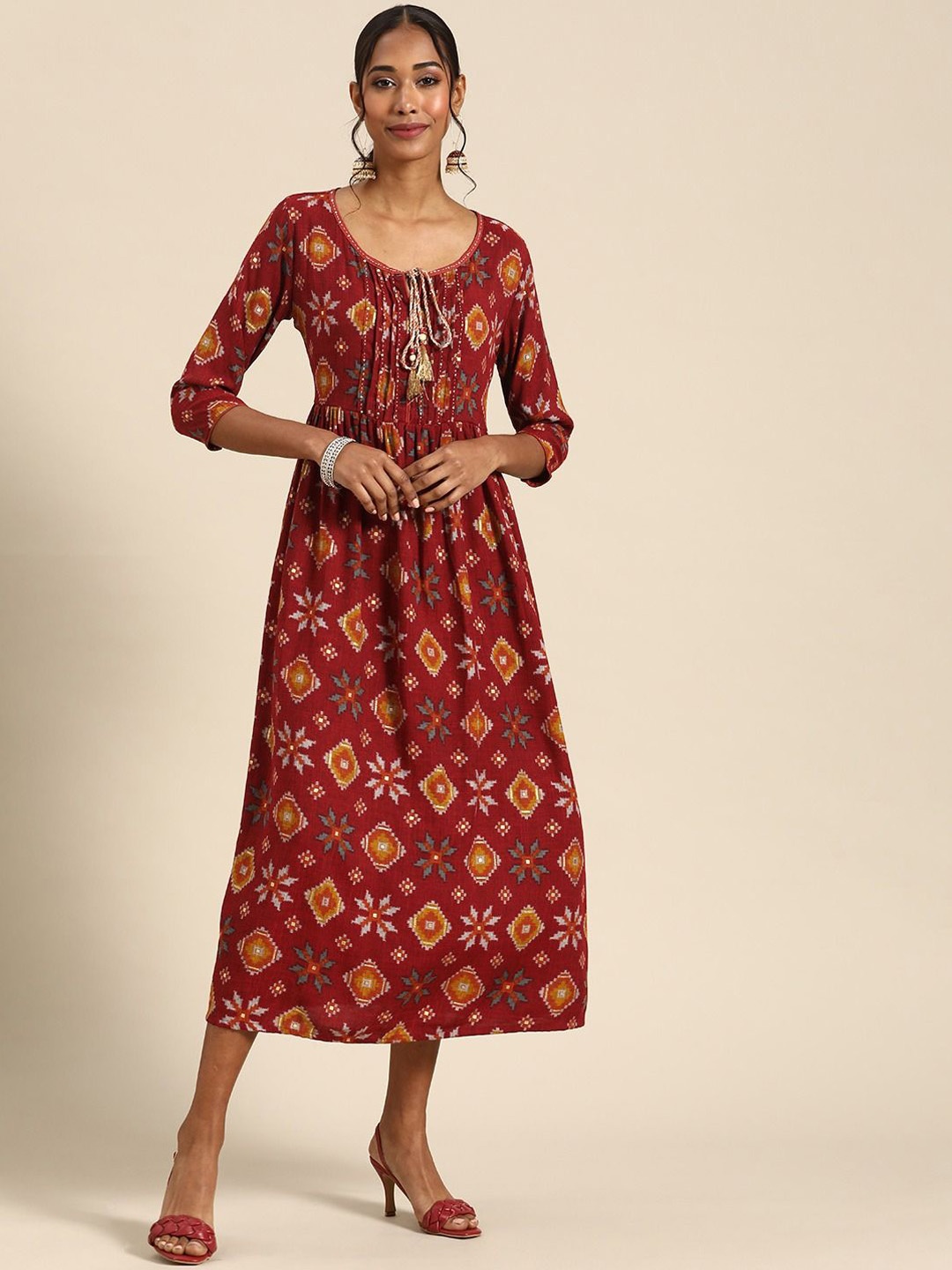 

Anouk Maroon Ethnic Motifs Printed Tie-Up Neck Liva Anarkali Kurta