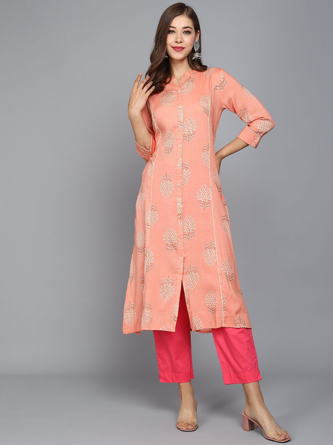 

Anouk Peach Coloured Floral Printed Mandarin Collar Straight Kurta