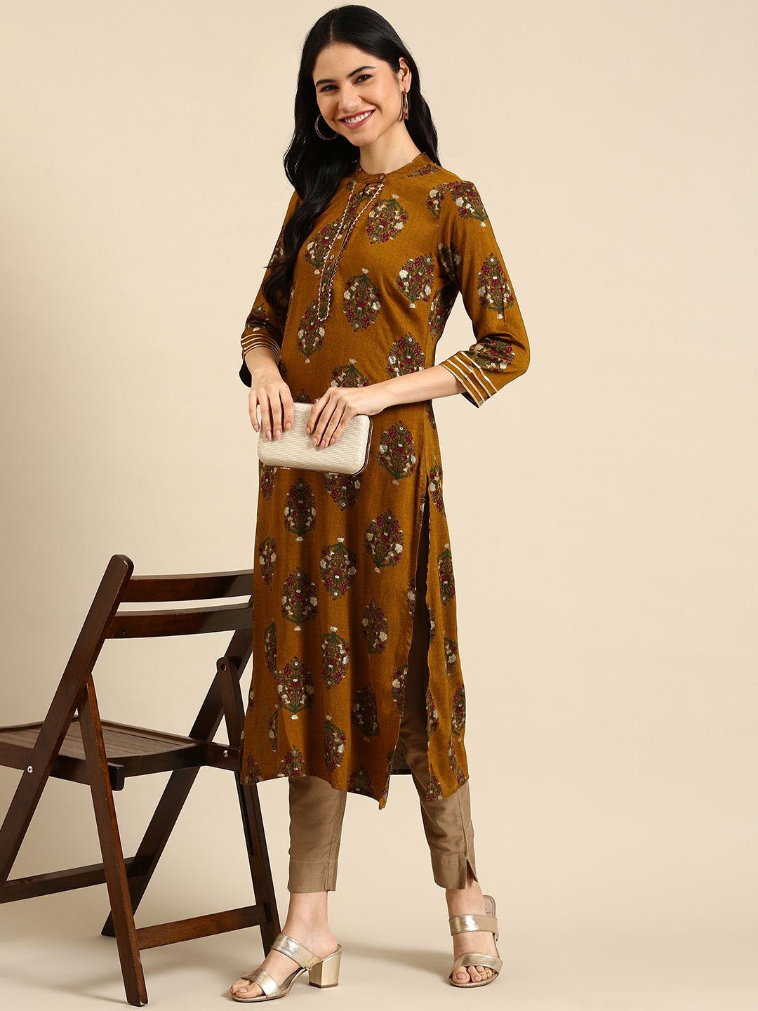 

Anouk Mustard Yellow Floral Printed Mandarin Collar Pure Cotton Straight Kurta