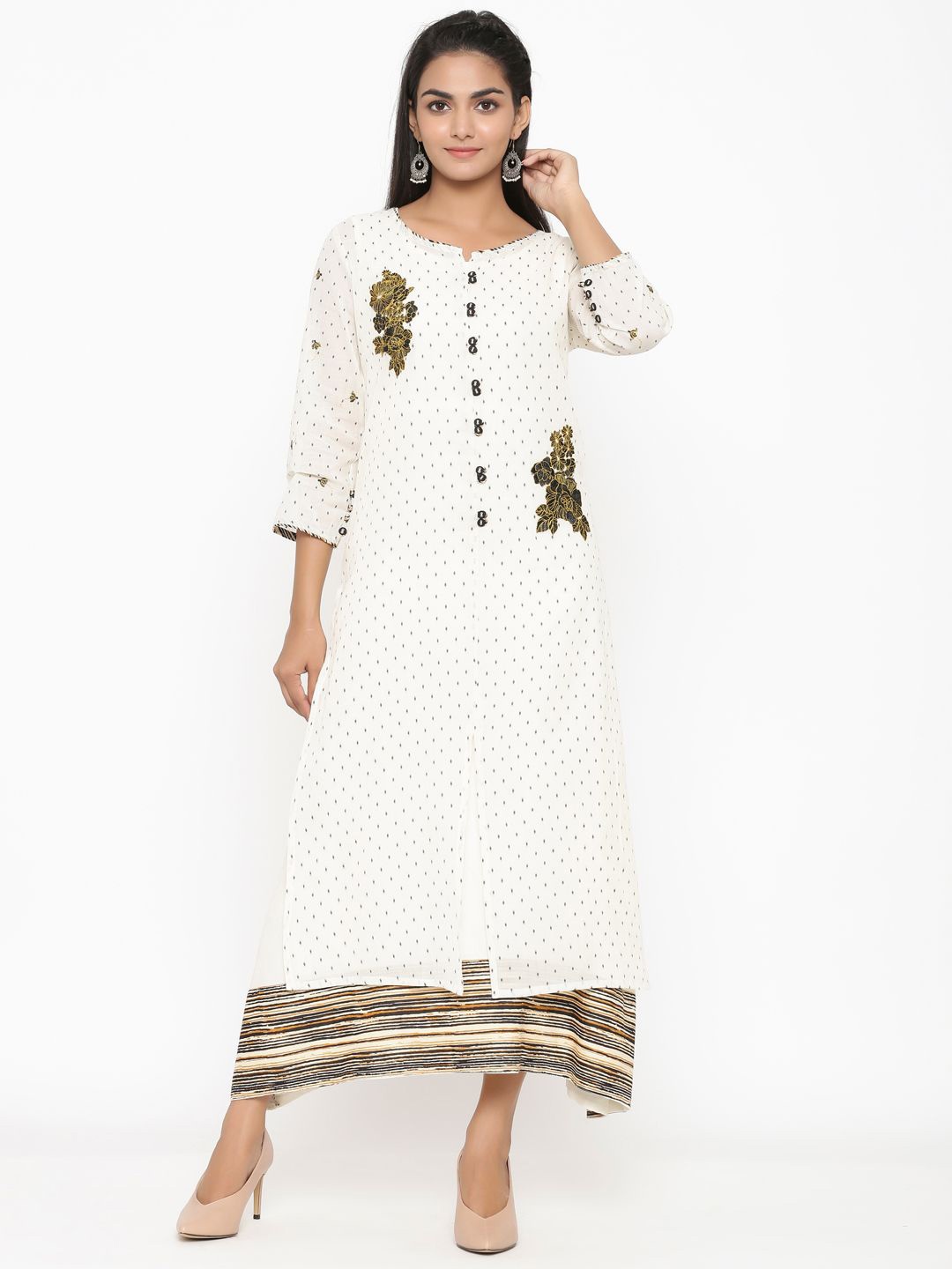 

Anouk White Ethnic Motifs Woven Designed Round Neck Thread Work Cotton A-Line Kurta