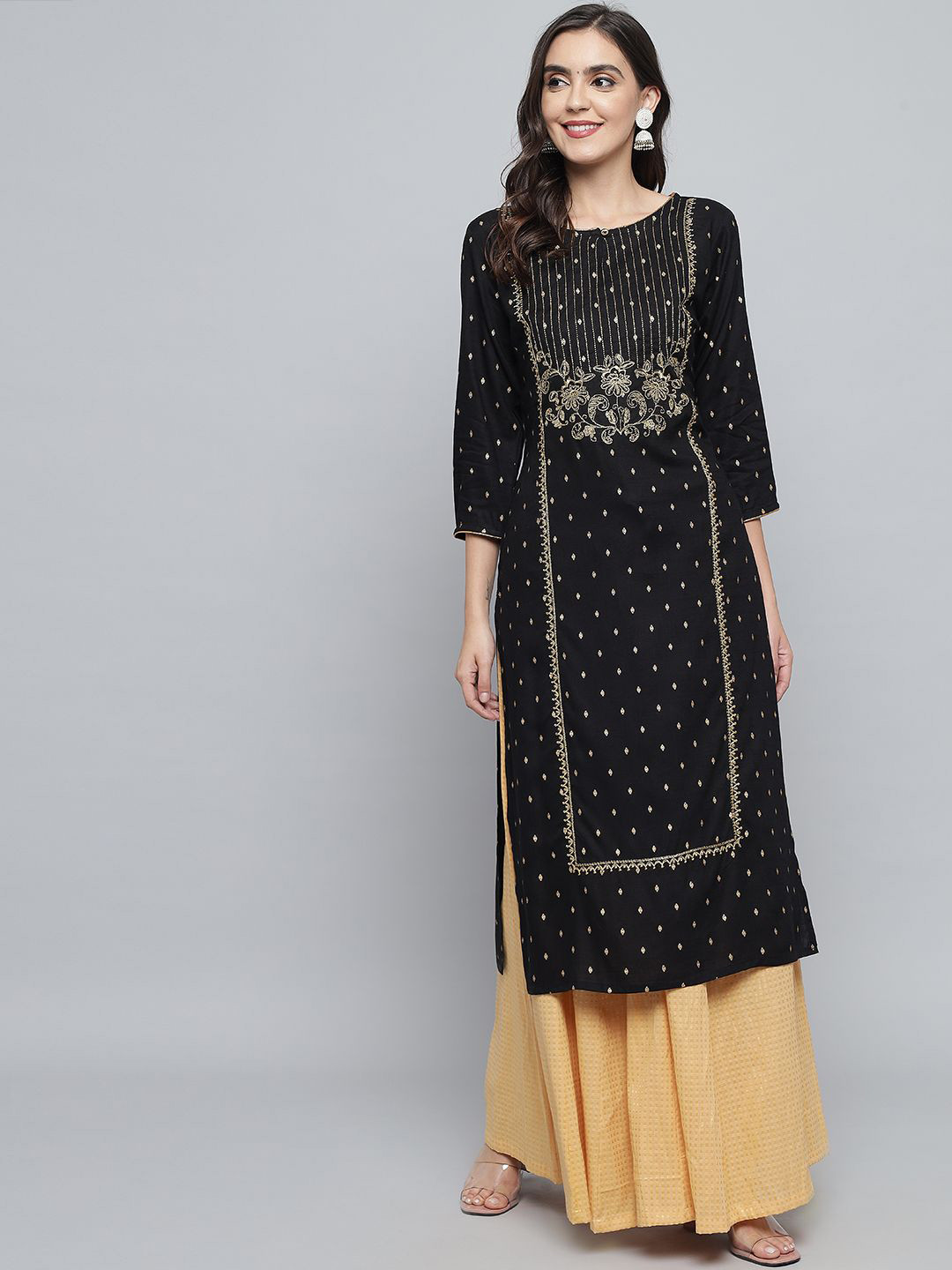 

Anouk Black Ethnic Motifs Printed Thread Work Liva Straight Kurta