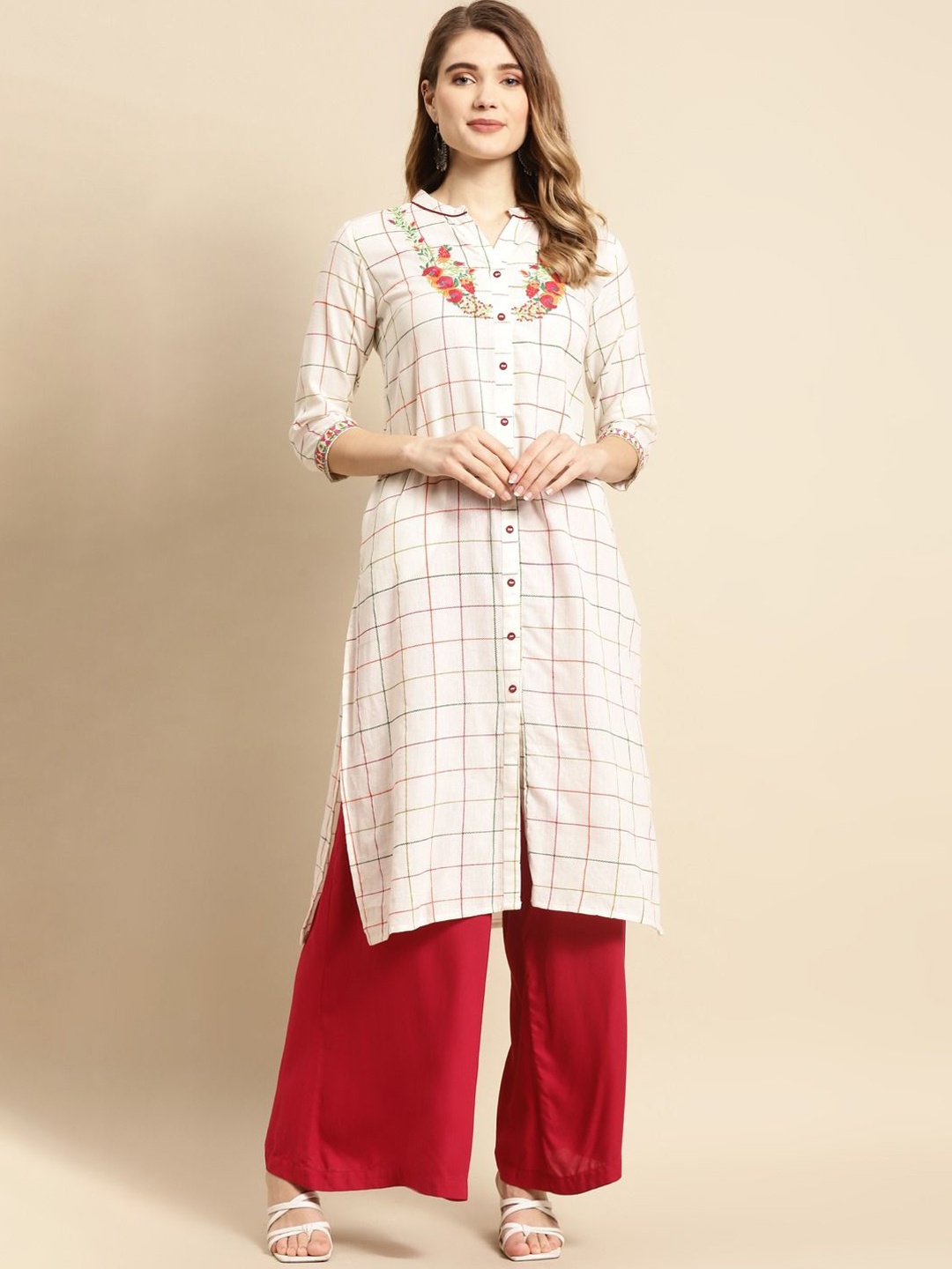 

Anouk Off White Checked Mandarin Collar Straight Kurta