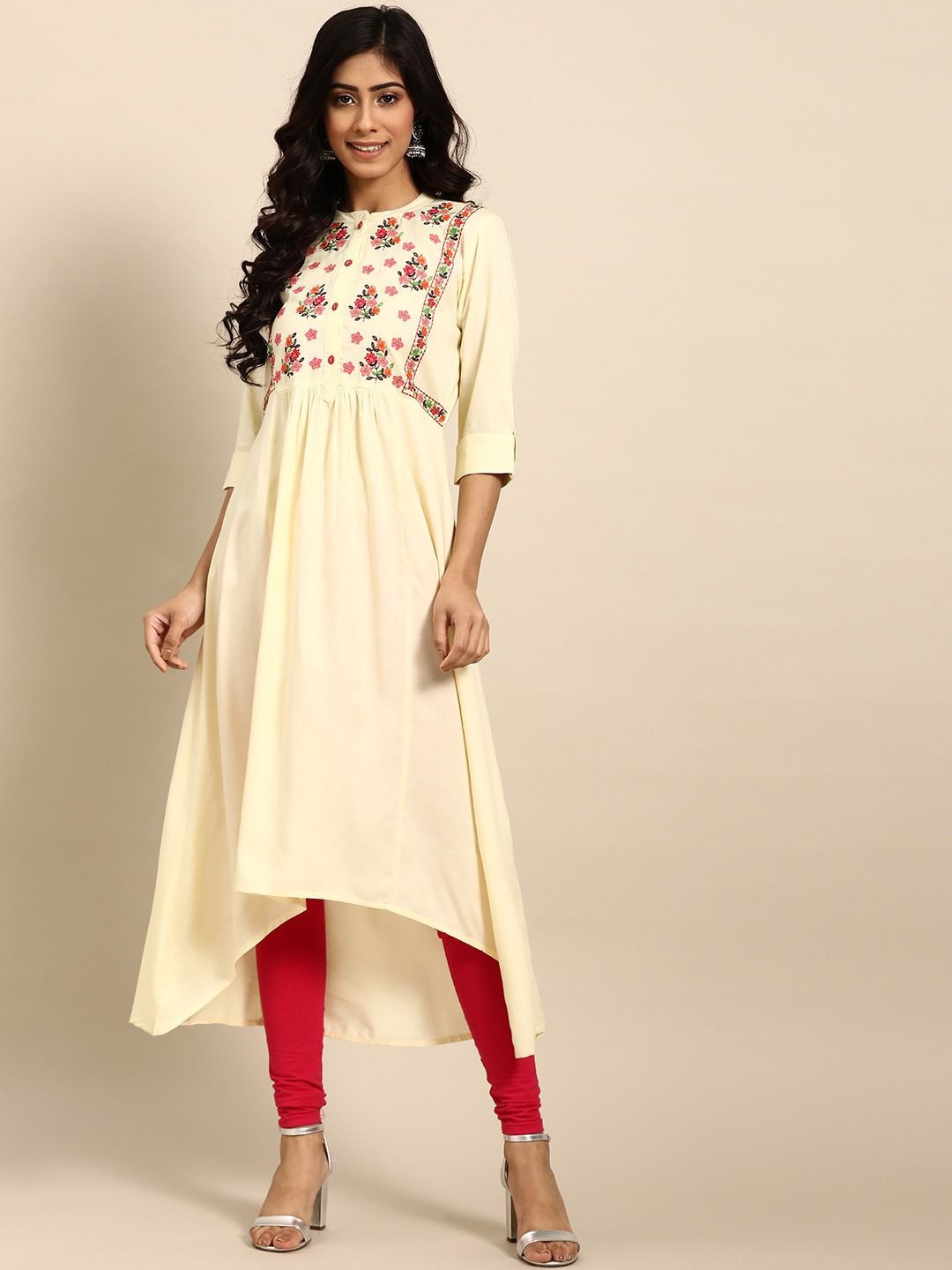 

Anouk Cream Coloured Floral Embroidered Pure Cotton A-Line Kurta