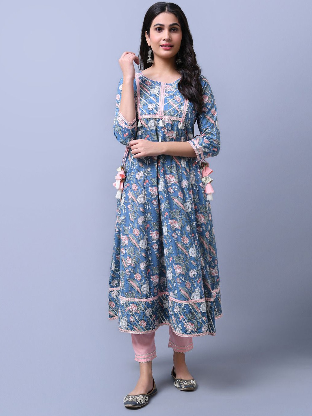 

Anouk Blue Floral Printed Pure Cotton A-Line Kurta