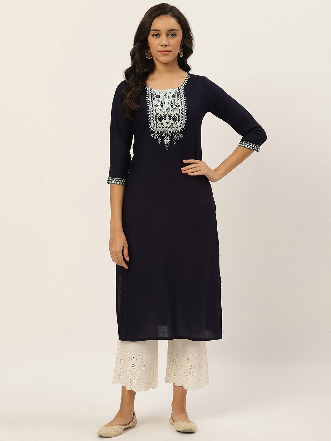 

Anouk Navy Blue Floral Embroidered Straight Kurta