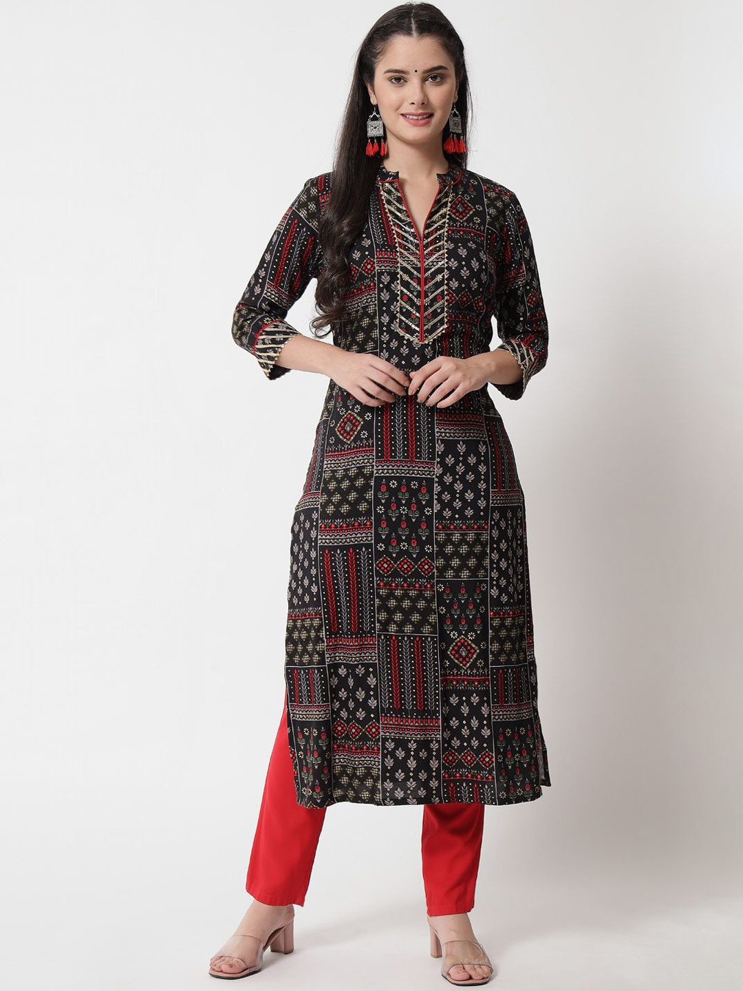 

Anouk Black Floral Printed Mandarin Collar Straight Kurta