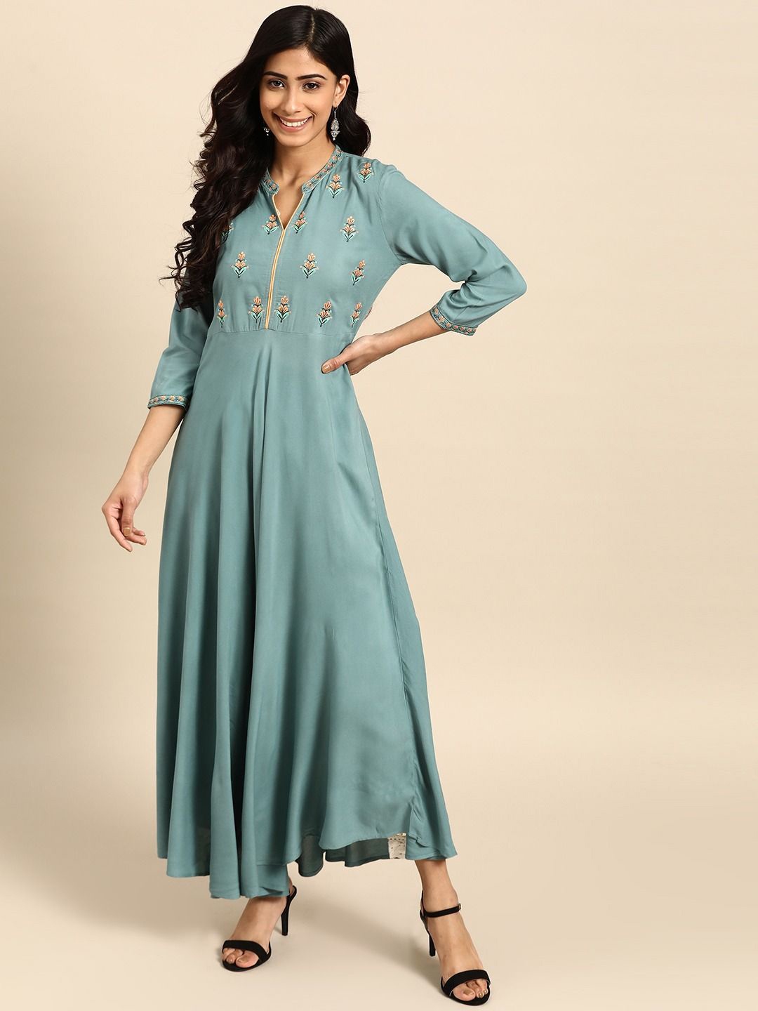 

Anouk Blue Ethnic Motifs Yoke Design Mandarin Collar Thread Work Pure Cotton A-Line Kurta