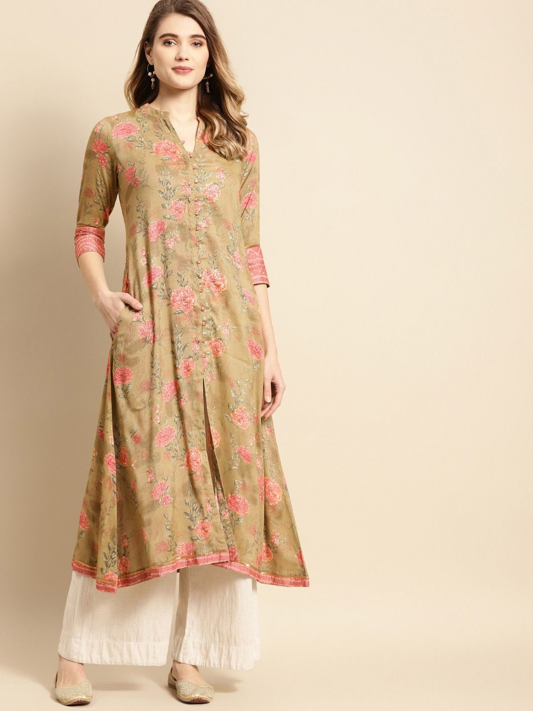 

Anouk Olive Green Floral Printed Mandarin Collar A-Line Kurta