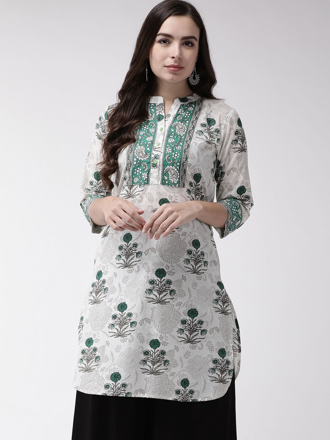 

Anouk Off White Ethnic Motifs Printed Mandarin Collar Cotton Straight Kurta