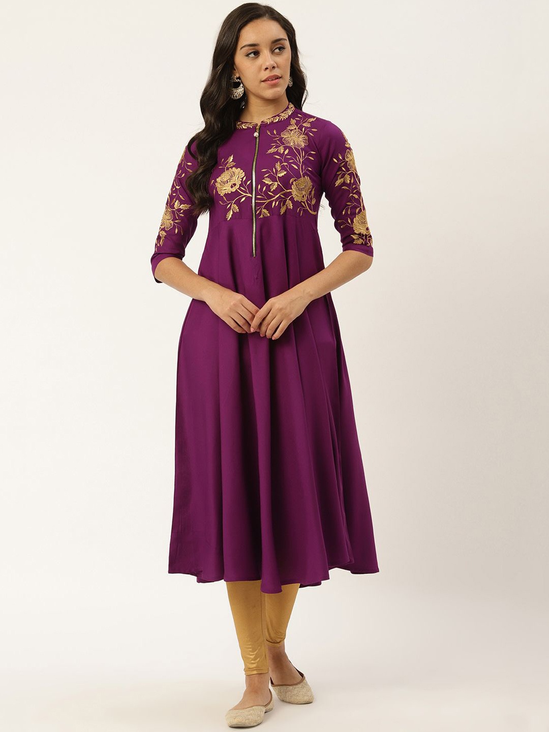 

Anouk Purple Floral Embroidered Mandarin Collar Pure Cotton A-Line Kurta