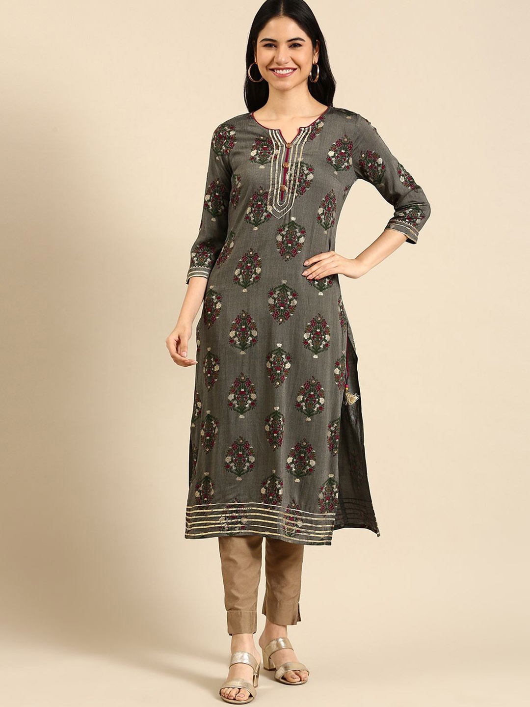 

Anouk Grey Ethnic Motifs Printed Round Neck Cotton Straight Kurta