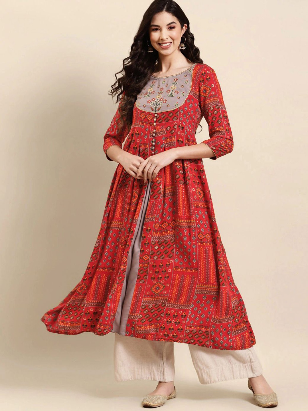 

Anouk Red Floral Printed Round Neck Thread Work A-Line Kurta