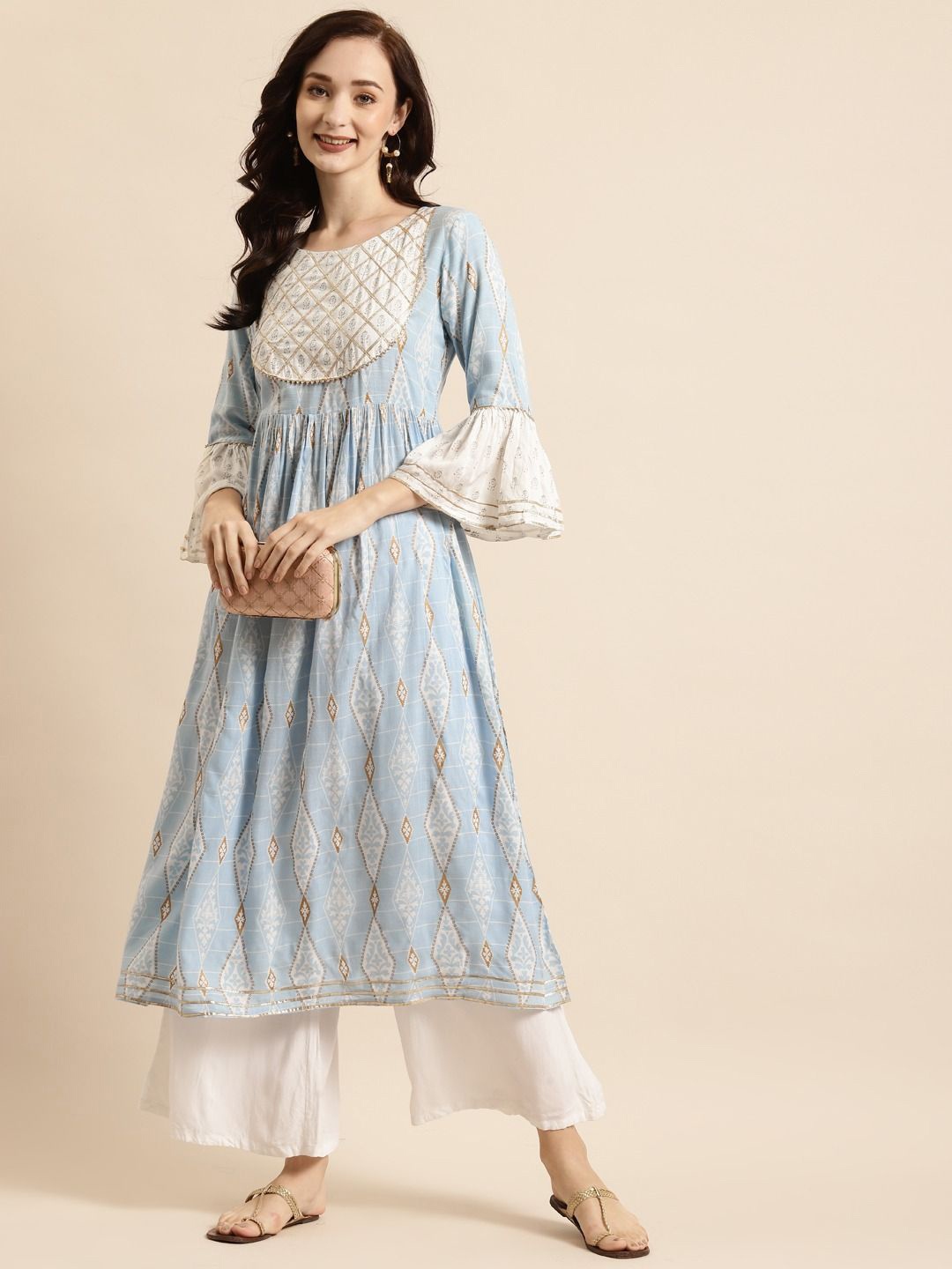 

Anouk Blue Floral Printed Bell Sleeves Gotta Patti Anarkali Kurta